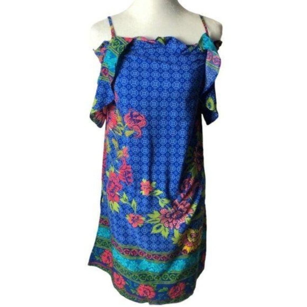Monteau Cold Shoulder Midi Dress Floral Blue Small Womens Beach Summer Flowy